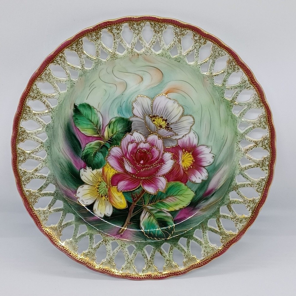 Vtg. Floral Plate Riticulated Handpainted Gold Accents Chubu Wall Art Japan 8.25